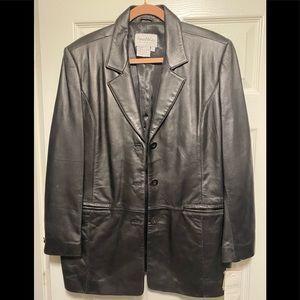 New with tags+additional buttons. Black leather coat by Pamela McCoy.